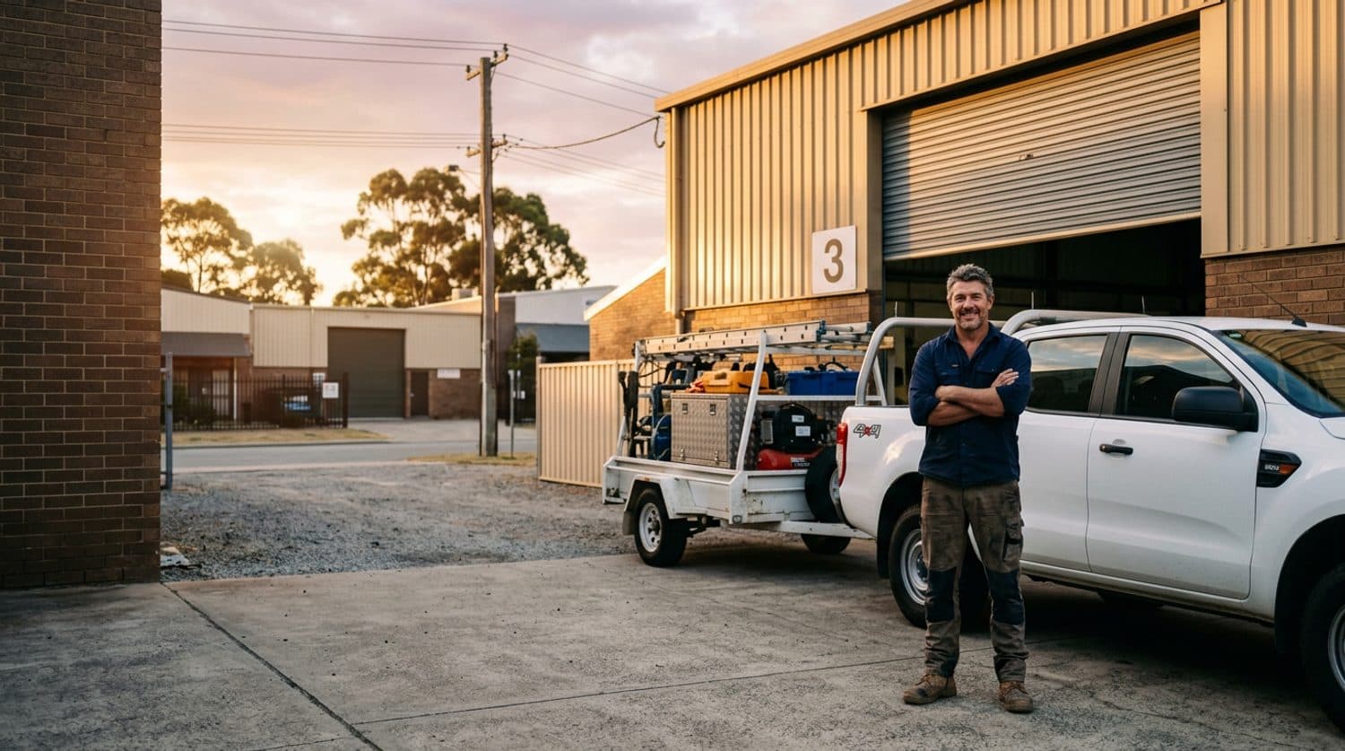 A Perth tradie with his ute and equipment trailer at his workshop