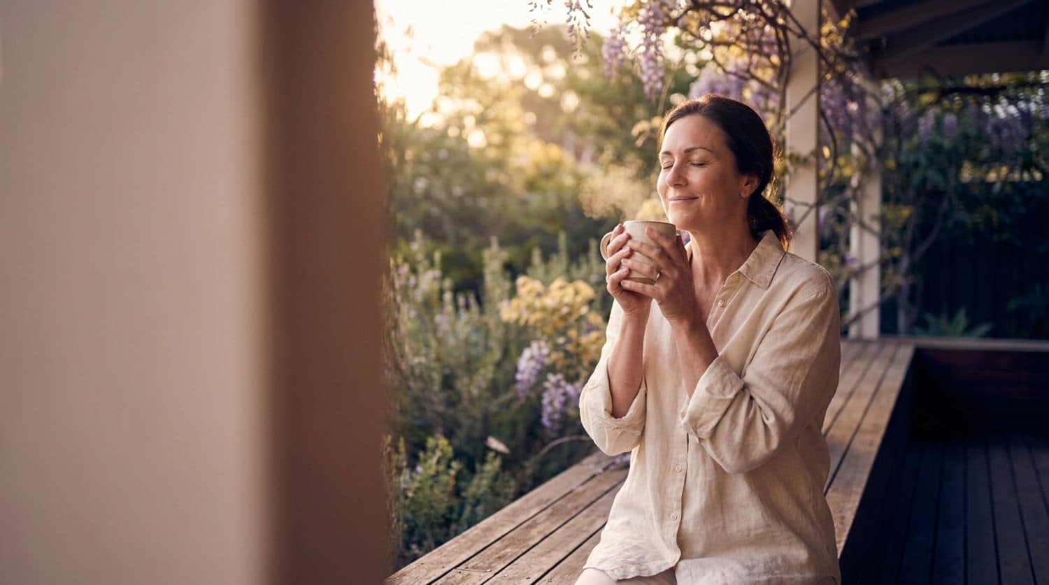 A woman exhaling with relief on her back verandah at dusk