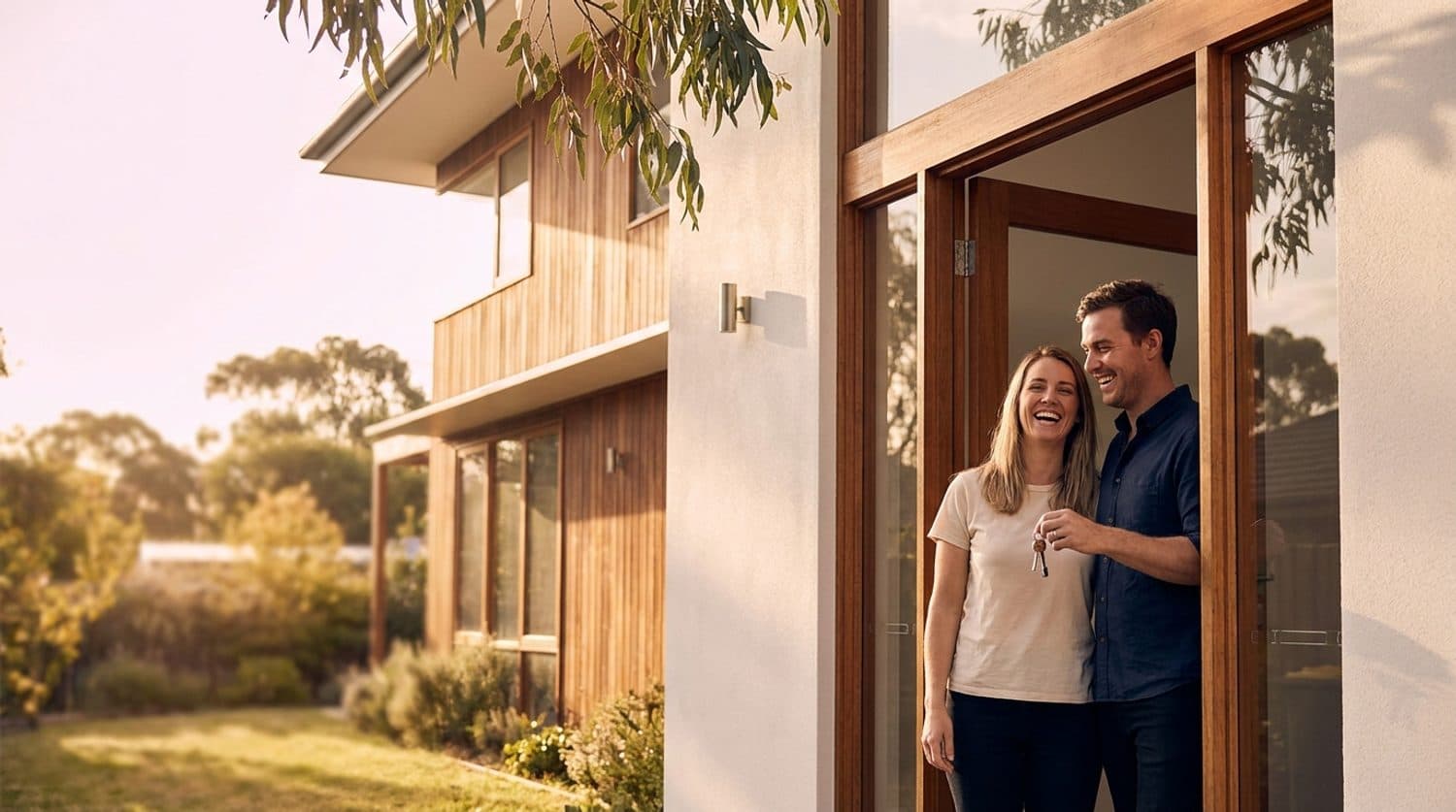 A Perth couple holding the keys to their first home at golden hour