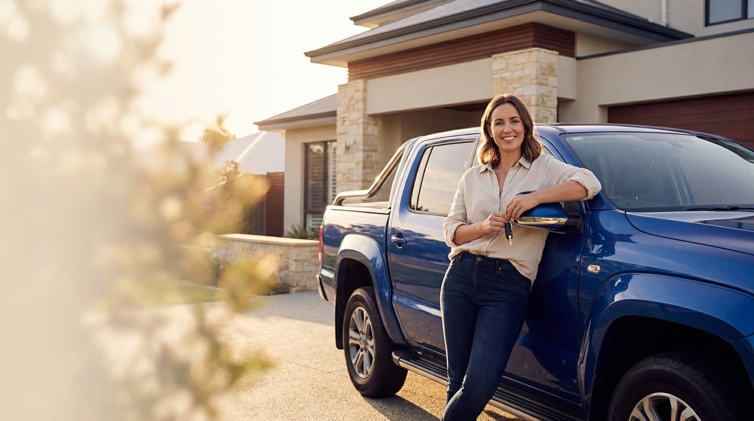A happy buyer with her new ute in her own driveway — no dealership in sight